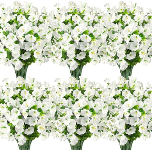 Ouddy Decor 24 Bundles Artificial Flowers for Outdoors Decoration Fake Silk Morning Glory Flowers Faux Eucalyptus Plants UV Resistant for Porch Patio Garden Spring Summer Home Decor, White - color: White