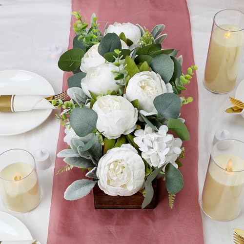 Pre-Made Flower Centerpieces for Table, Artificial Floral Centerpieces for Dining Table Wood Fake Peony Hydrangea Centerpiece for Wedding Living Room Party Bar Kitchen Table(White) - color: White
