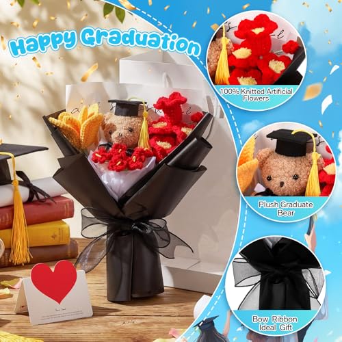 Graduation Crochet Flower Bouquet Set Includes Bear Knitted Tulips Forget-me-nots Lily of the Valley Greeting Card Gift Bag 2026 Black Flower Bouquet Graduation Gift - color: Black, style: Knitted Bear and Tulip