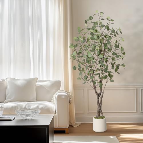 GarveeHome Artificial Eucalyptus Tree Indoor, 5 ft Tall Fake Artificial Plant with White Planter，Large Faux Floor Plant Fake Silk Trees Artificial Trees for Home Decor Indoor - size: 5ft