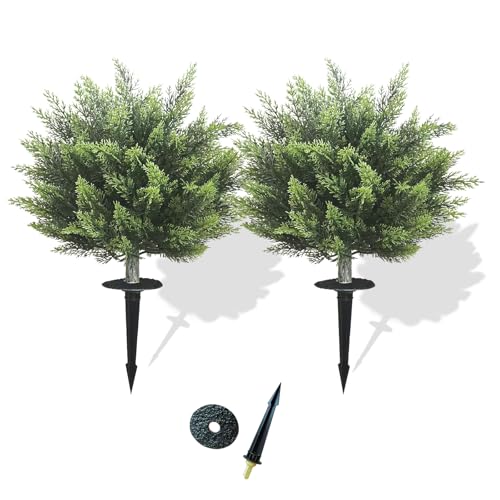 28inch Artificial Topiary Tree Set of 2 Beautiful Realistic Faux Cedar Pines Christmas Trees UV Rated Fake Shrubs for Front Porch Faux Plants Indoor and Outdoor Decor - color: Green