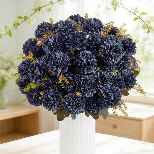 18 Heads Blue Black Artificial Chrysanthemum Flowers Fake Mums Blue Black Kiku Gothic Flowers Bouquet Silk Chrysanthemums for Indoor Outdoor Table Centerpiece Vase Pots Decoration, 2 Pcs - color: Blue Black Chrysanthemum
