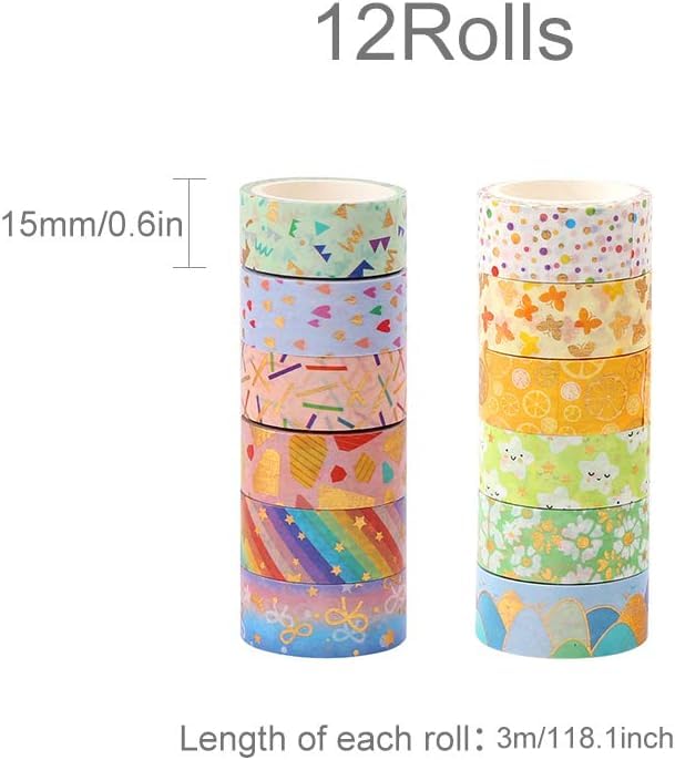 12 Rolls Gold Foil Floral Washi Tape Set Foil Masking Tape Decorative for Scrapbooking, Planners, DIY Crafts, Journal Supplies, Planners, Scrapbook, Gift Wrapping