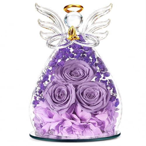 Beferr Gifts for Mom Birthday Gifts for Women, Fresh Flowers for Delivery Forever Preserved Rose in Glass Angel Figurine, Anniversary Christian Real Rose for Grandma Wife Mother from Daughter Son - color: H Lavender Purple