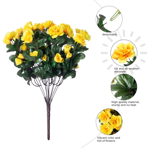 Ivydale Artificial Fake Flowers Plants for Outdoor Outside Spring Decor, Faux Silk Yellow Camellia UV Resistant Look Real for Planter Pot Porch Patio Balcony Garden Yard, 3 Large Bundles - color: Yellow