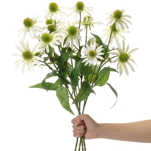 Knitgrip White 4 Pcs Artificial Coneflowers Stems 29 Inch Faux Echinacea Flowers Branch Realistic Farmhouse Fake Sunflower Floral Bouquet for Home Centerpiece Arrangement Indoor Outdoor Decor - color: White