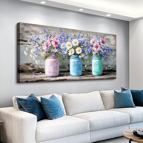 ZUITINGHUA Large Wall Decor For Living Room Canvas Wall Art For Office Modern Wall Decorations For Bedroom Mason Jar Floral Landscape Painting Vintage Pictures Artwork Room Home Decor 24x48 In - color: Vintage Mason Jar Floral, size: 48"L x 24"W
