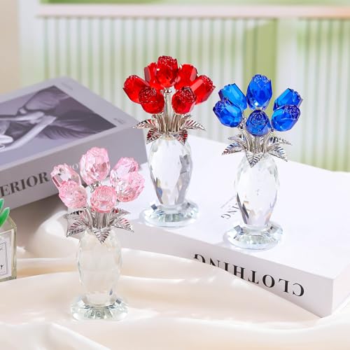 Ornalrist Crystal Pink Rose Flower Figurines - Glass Rose Bouquet Gifts for Women Mom Wife Girlfriend on Valentines Christmas Mothers Day Wedding Party - color: Pink