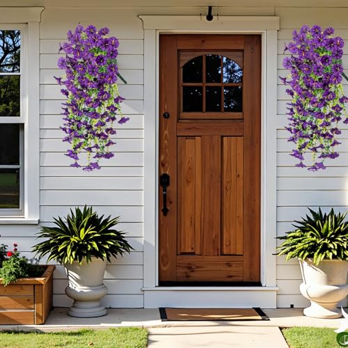 4PCs Hanging Morning Glory UV Resistant Artificial Outdoor Flowers,Faux Flowers for Planters,Hyeflora Cascading Plants Garden,Home Decor,Wedding,Patio,Porch,Yard(Purple,2 Bunches/4Pcs) - color: Purple, size: 2 Bunches/ 4Pcs