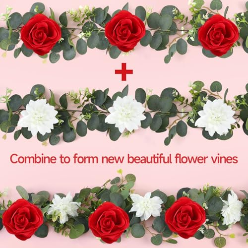4 Pack Wedding Garland Set, Red Rose & White Dahlia Hanging Flower Vines for Wedding Arch, Backdrop, Mantel, Home Decor (5.91ft) - color: Red White