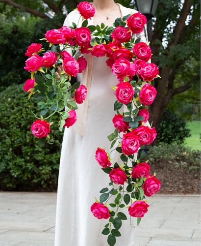 Bendable Artificial Flower Garland Faux Rose Vine Hanging Floral Garland for Wall Decor Trellis Fence Home Room Garden Wedding Decoration(Fuchsia, 2pcs) - color: Fuchsia, size: 2pcs