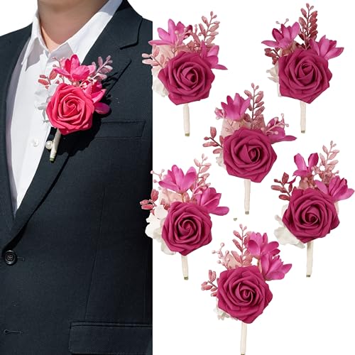 Hot Pink Boutonniere for Men,Prom boutonnieres,Groom and Groomsmen Boutonniere for hot Pink Wedding Ceremony Anniversary, Formal Dinner Party and Grad Night (Set of 6) - color: Hot Pink, size: set of 6