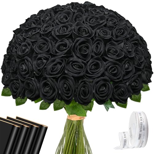 Waipfaru 50 Pcs Black Roses, Fake Roses Artificial Velet Flowers for Valentines Mothers Day Wedding Centerpieces Decor (Black) - color: Black, size: 50 Pcs