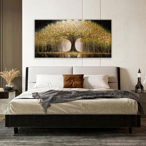 Golden Tree Of Life Wall Art Decor Prints Ready To Hang Room Wall Decor Modern Wall Art For Living Room Kitchen Office Canvas Prints Bedroom Decor 24x48 Inch - color: Yellow Gold, size: 48"L x 24"W