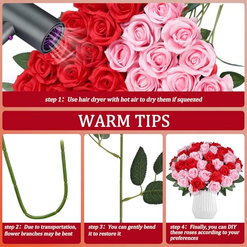30pcs Red Pink Roses Artificial Flowers, Silk Faux Roses, Realistic Red Flowers for Wedding Centerpieces, Cake, Bridal Bouquets, Home Decor, Anniversary, Valentine's Day Decoration - color: Red + Pink