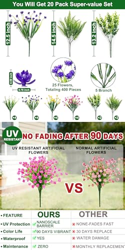 TURNMEON 20 Bundles Artificial Flowers for Outdoors, Summer Spring Grass Camellia Fake Flowers Fern Plants Eucalyptus, UV Resistant No Fade Faux Greenery for Gardens Cemetery Decor(Mixed 6 Styles 2) - color: Mixed 6 Styles 2, size: 20 Bundles