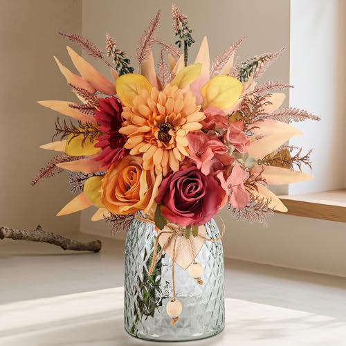 Der Rose Fall Fake Flowers in Vase Silk Artificial Flowers Arrangements with Glass Vase for Dinning Coffee Table Centerpieces Home Kitchen Farmhouse Wedding Decor (Orange) - color: Orange