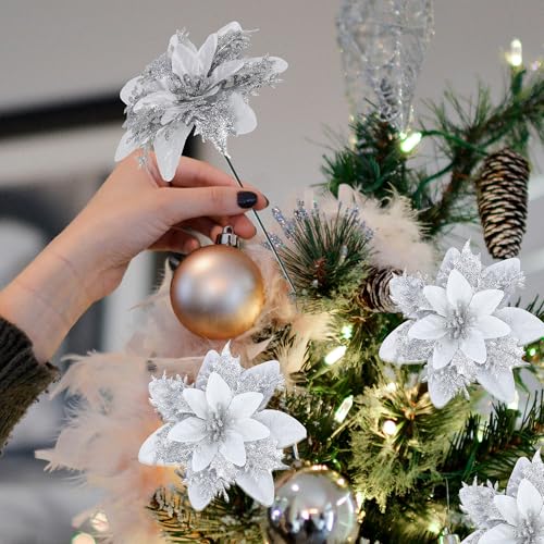 SITUMEIZI 24 Pcs Sliver Christmas Ornament Glitter Poinsettia Artificial Flowers 5.5" with Clips Fake Christmas Ornaments Xmas Tree Wreath New Year Decorations - color: Silver