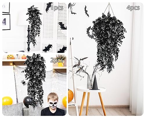 RECUTMS Black Artificial Hanging Eucalyptus Plants, 4PCS 29.9 Inches | UV Resistant, Fake Plastic Trailing Greenery, Gothic Halloween Decor, Home Room Garden Wedding Porch Patio Outdoor Indoor - color: Black White