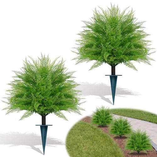 Yangrass Artificial Outdoor Fern Topiary Trees with Ground Spikes, Set of 2 Lifelike Faux Greenery Bush Fake Shrubs Indoor, UV Resistant Artificial Fern Plants for Front Porch Patio Garden Decor - color: Boston Fern