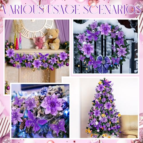 Thiccywoov 122 Pcs Christmas Glitter Poinsettia Artificial Flowers Berry Picks Butterfly Christmas Tree Ornaments 3 Styles Poinsettia kit with Clip for Xmas Wreath Home Tree Decor(Purple) - color: Purple