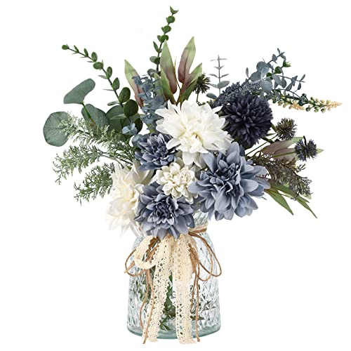 CEWOR Fake Flowers in Vase, Artificial Flowers Arrangement in Vase, Fake Floral Table Centerpieces Decor for Kitchen Farmhouse Coffee Table Living Room Bathroom Plant Decor - color: Blue White