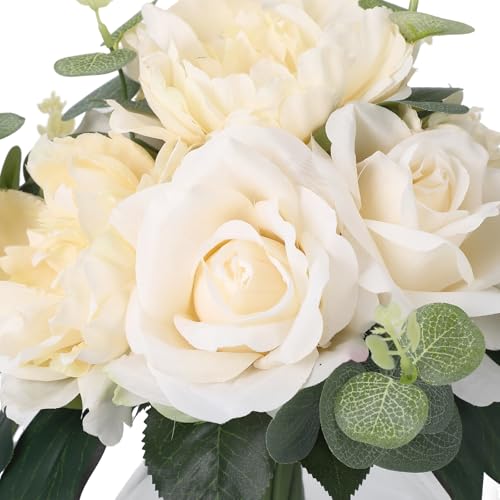 Lifelike Artificial Flower Arrangements with 4 Roses + 4 Peonies in Glass Vase with Faux Water for Wedding & Home Table Centerpieces - color: Peony & Rose With Faux Water, size: Champagne