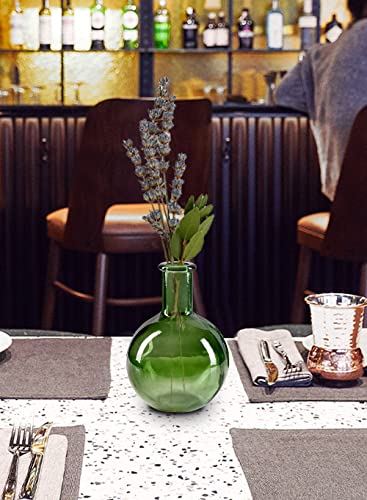 Serene Spaces Living Set of 2 Green Bottleneck Round Glass Vase, Vintage Bulb Flower Vase for Console Table, Shelf, Living Room, Bathroom, Office, Wedding, (5.3 Inches Diameter & 7.48 Inches Tall) - color: Green