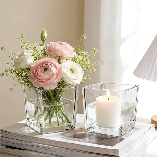 6 Pack Square Glass Vase 4" x 4" x 4", Clear Cube Vases for Centerpieces, Thickened Glass Flower Vases, Plant Terrarium, Floating Candle Holder for Wedding Party, Office/Home Decor, Events - size: 4"-6Pack