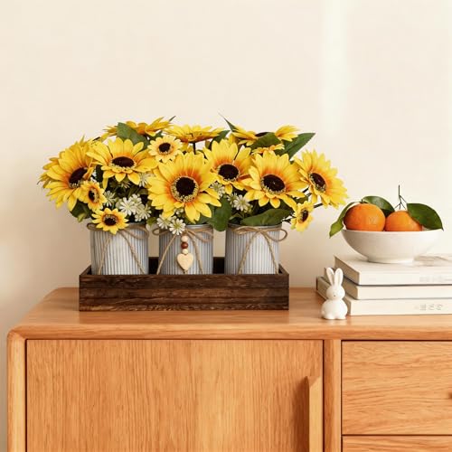 Artificial Sunflower Decorative Centerpiece, Rustic Table Centerpieces Home Decor for Dining Room, Farmhouse Wood Planter Box with 3 Galvanized Metal Pots Decorative - style: Sunflower Plant