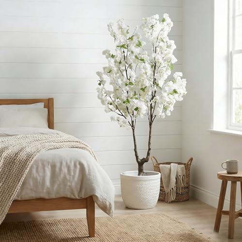 Faux Cherry Blossom Tree Artificial White Flowering Trees Fake Cherry Blossom Decorative Tree 6FT Indoor for Christmas New Year Home Decor - color: White-ap30