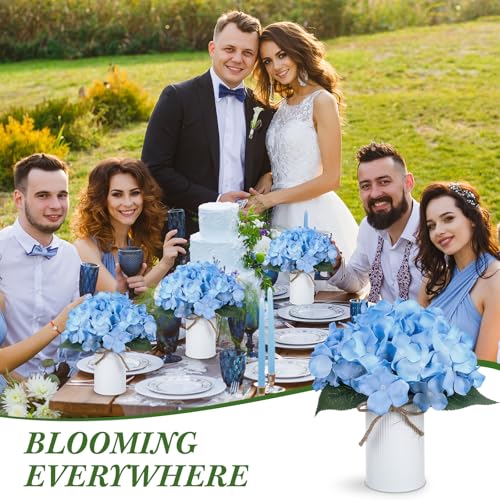 Zeyune Blue 12 Sets Wedding Flower Table Centerpieces Artificial Hydrangeas with Rustic Metal Vase Fake Hydrangea Flowers in Pot Floral Arrangement for Wedding Bridal Tea Party Table Home Decor - color: Blue