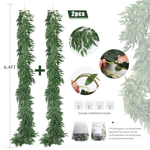 RECUTMS Artificial Willow Leaves Vine Twigs 2Pcs 6Ft Fake Hanging Plant Silk Willows Leaf Ivy Garland Faux Italian Ruscus Greenery Indoor Outdoor Wedding Arch Jungle Beach Birthday Party Garden Decor - color: Dark Green Willow Vine