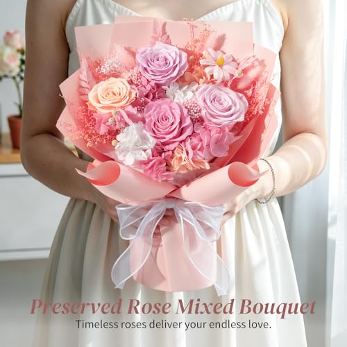 Lewondr Flower for Delivery, Preserved Flowers Bouquet, Mixed Rose Bouquet with Gift Box, Real Long-Lasting Forever Birthday Flowers Gifts for Wife Girlfriend Mother's Day Anniversary Proposal, Pink - color: Peach Pink