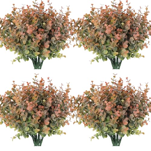 RECUTMS 12 Bundles Fake Bushes Artificial Plants Outdoor Faux Plant Eucalyptus Stems Fake Porch Plants for Spring Summer Farmhouse Office Vase Centerpiece Graduation Wedding Party Decor(Dusty Orange) - color: Dusty Orange, size: 12 Pcs