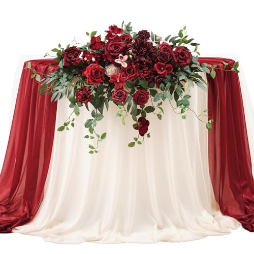 TINGE TIME Artificial Sweetheart Flower Swag with Tablecloth and Table Runner, Pack of 3 Floral Arrangement for Wedding Sweetheart Table Centerpiece Decoration (Burgundy Red) - color: Burgundy