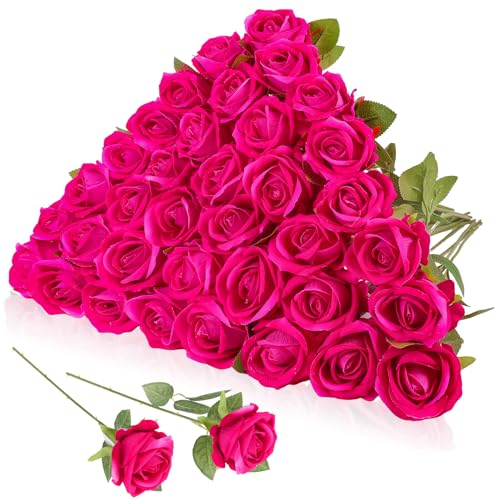36 Pcs Velvet Silk Hot Pink Rose Bouquet Bridal Artificial Flowers,Fake Rose Long Stem Realistic Artificial Flowers Bulk for Wedding Bouquet Ball Arrangement Centerpiece Party Decor(Hot Pink) - color: Hot Pink