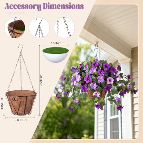Artificial Petunia Flowers with Hanging Basket for Outdoors, 3 Pcs Fake Hanging Flowers UV Resistant Faux Silk Plants for Garden Porch Yard Patio Realistic Home Spring Decor(Double Purple) - color: F-double Purple Basket
