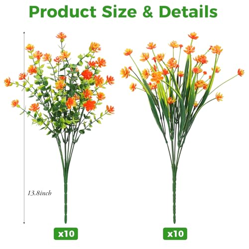 20 Bundles Artificial Flowers for Outdoors Fake Plastic Flowers UV Resistant Realistic Faux Plants Shrubs for Spring Summer Garden Porch Yard Patio Planter Window Box Home Decor, Orange - color: Orange