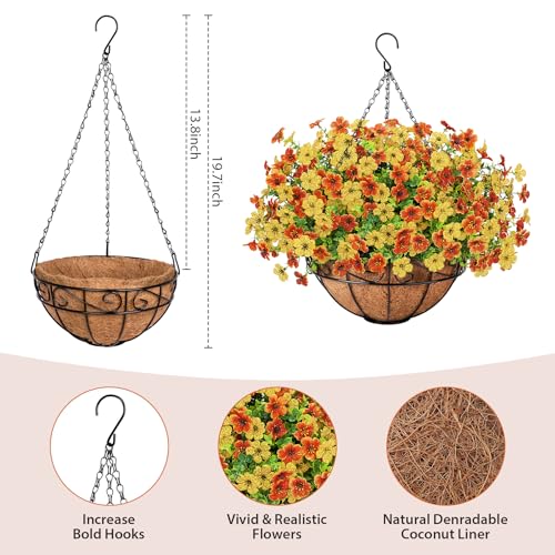 Artificial Fake Hanging Flowers Plants Basket Outdoors, Faux Silk UV Resistant Look Real Daisy Eucalyptus for Spring Summer Garden Porch Home Patio Balcony Yard Decorations, Orange Yellow - color: Orange and Yellow