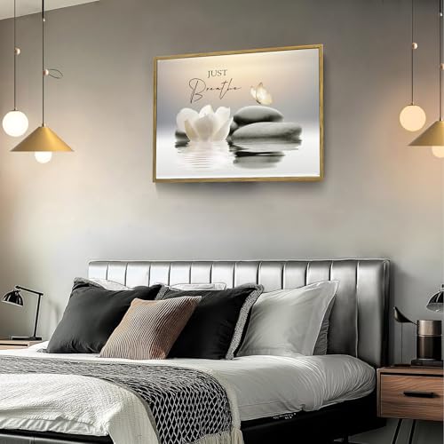 LB Spa Zen Wall Art for Bathroom Water Lily Flower and Butterfly Canvas Wall Art Wall Paintings Home Decor Inspirational Quotes Wall Pictures for Living Room Bedroom Office Ready To Hang,17x12 Inch - color: Beige, size: 12"L x 17"W