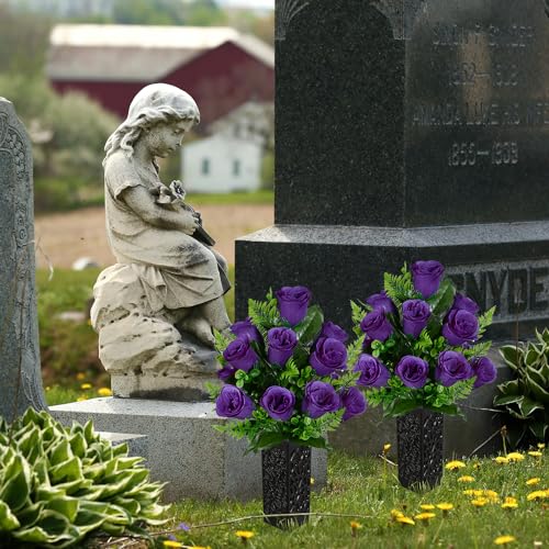 Artificial Cemetery Flowers, Grave Memorial Flowers, Set of 2 Artificial Rose Bouquet with Vase for Cemetery Headstones Gravesites Decoration (Purple) - color: Purple