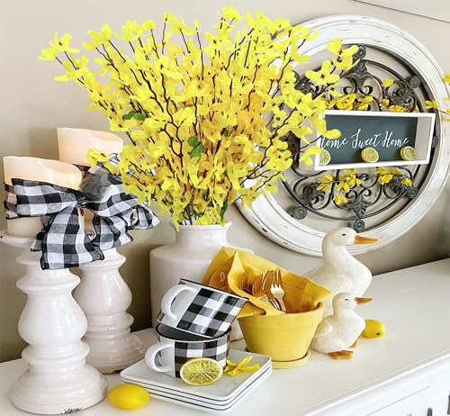 FERIAL 2PCS Artificial Silk Forsythia Flower Branches Yellow Jasmine Flowers Silk Fake Winter Jasmine Orchids Flowers for Indoor Outdoor DIY Floral Arrangement Wedding Party Home Office Decorate - color: Yellow-2