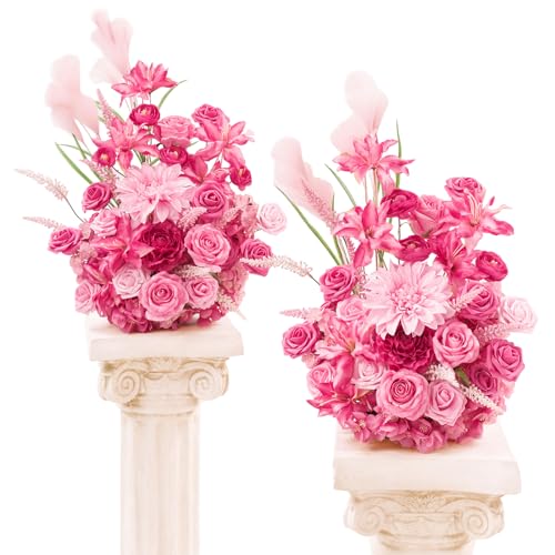 TINGE TIME Free-Standing Artificial Flower Set of 2, Table Centerpiece with Rubber Pad, Silk Fake Flower for Wedding Centerpiece Archway Aisle Welcome Entrance (Hot Pink) - color: Hot Pink