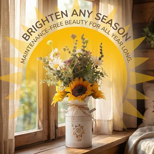 Fake Flowers in Vase,Sunflowers Artificial Flowers Silk Flower Arrangements with Metal Flower Vase Faux Flowers Sunflower Kitchen Decor Yellow Bathroom Decor Sunflower Gifts for Women (Yellow)
