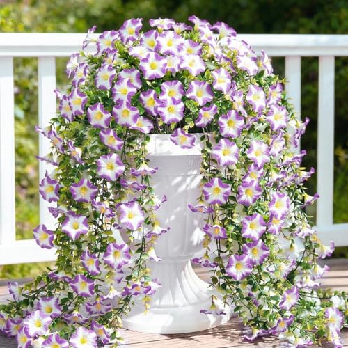 Artificial Hanging Flowers for Outdoors, 6 PCS Silk Morning Glory Artificial Flowers with Eucalyptus Leaves, UV Resistant Fake Flower Realistic Faux Plants for Home Patio Porch, Lotus Edge White - color: Purple Edge White