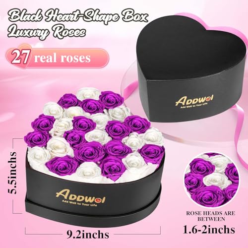 ADDWel Romantic Preserved Roses Bouquet for Her Anniversary, Birthday Flower Gifts for Women, 27-Pieces Eternal Roses with Natural Fragrance in Heart-Shape Box for Wife Girlfriend Mom - color: Purple & White - 27 Roses