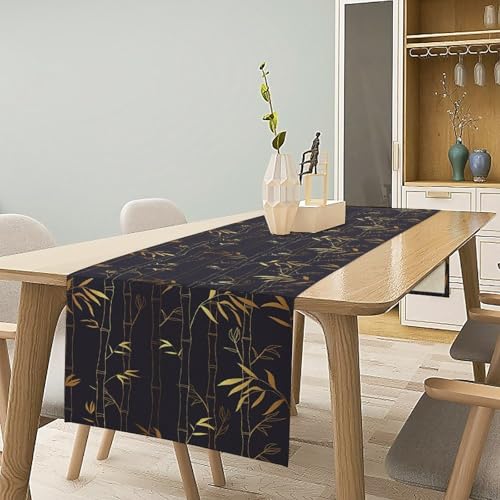 Chinese Bamboo Table Runner Traditional Gold Black Bamboo Art Printed Burlap Runner for Home Kitchen Dining Table Living Room Decor Fabric 1 Panel W13xL36in - color: Bamboo, size: 13"W x 36"H
