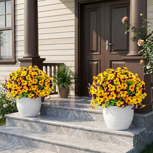 lovemoon 16 Pcs Artificial Pansy Flowers for Outdoors Yellow Faux Silk Spring Flowers for Outside, UV Resistant Realistic Pansies for Window Front Door Porch and Garden Home Decor (16, Purple,Yellow) - color: Purple,yellow