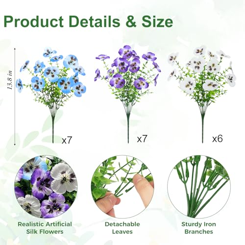 Ouddy Decor 20 Bundles Artificial Pansy Flowers for Outdoors, Fake Silk Flowers Faux Plants UV Resistant for Vase Table Balcony Planter Porch Yard Garden Indoor Outdoor Home Decor, Purple Blue White - color: Purple Blue White